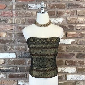 Jessica McClintock VTG Y2K Black Gold Brown Brocade Strapless Corset Top 14